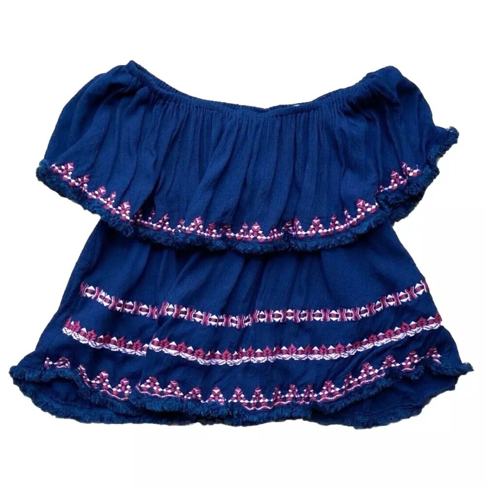 Piper by Townsen Off The Shoulder Top Navy Blue Pink Size XS Ruffles Tiered